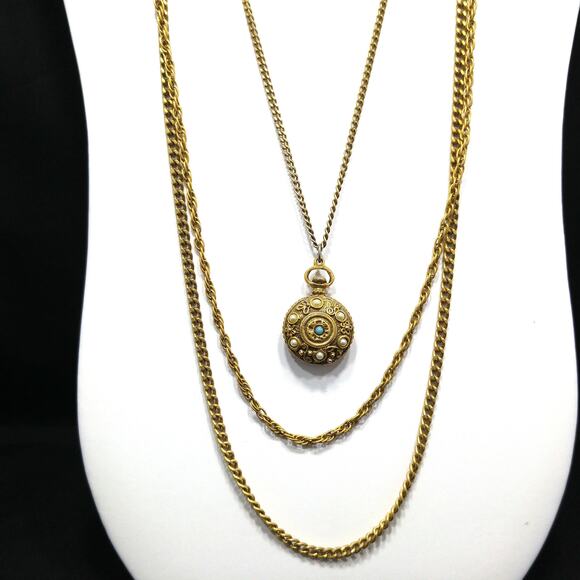 Goldette Jewelry - Vintage Goldette Three Strand Necklace, Long Chains & Pendant, 1960s